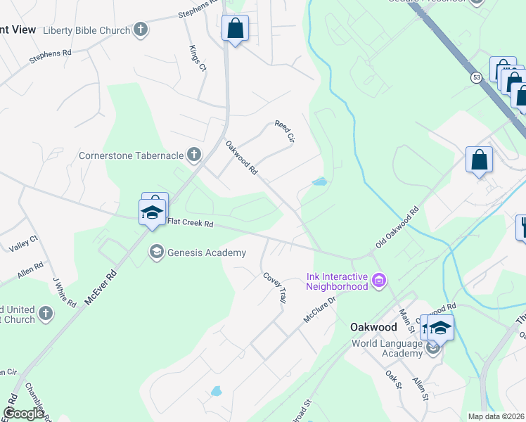 map of restaurants, bars, coffee shops, grocery stores, and more near 3951 Oakwood Road in Oakwood