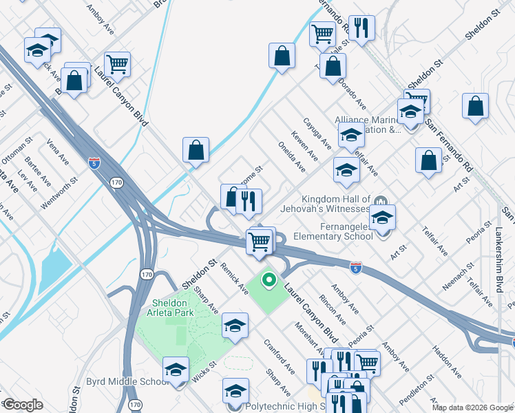 map of restaurants, bars, coffee shops, grocery stores, and more near 12373 Sheldon Street in Los Angeles