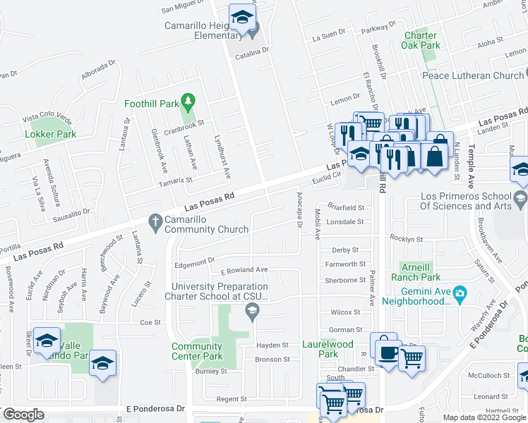 map of restaurants, bars, coffee shops, grocery stores, and more near 1858 Sorrel Street in Camarillo