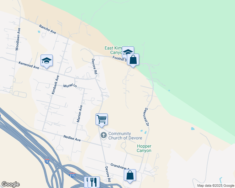 map of restaurants, bars, coffee shops, grocery stores, and more near 1126 Knoll Street in San Bernardino