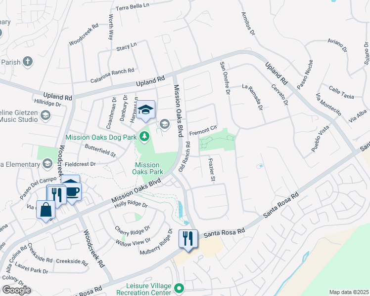 map of restaurants, bars, coffee shops, grocery stores, and more near 1623 Old Ranch Road in Camarillo