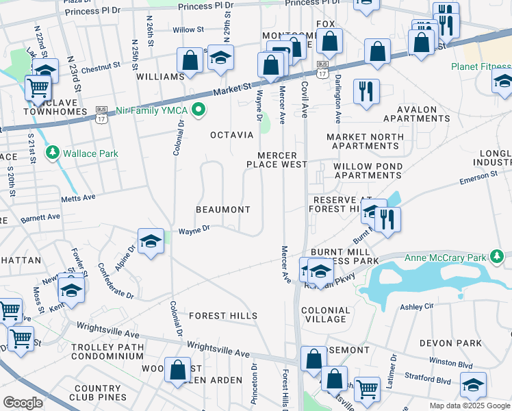 map of restaurants, bars, coffee shops, grocery stores, and more near 410 Wayne Drive in Wilmington