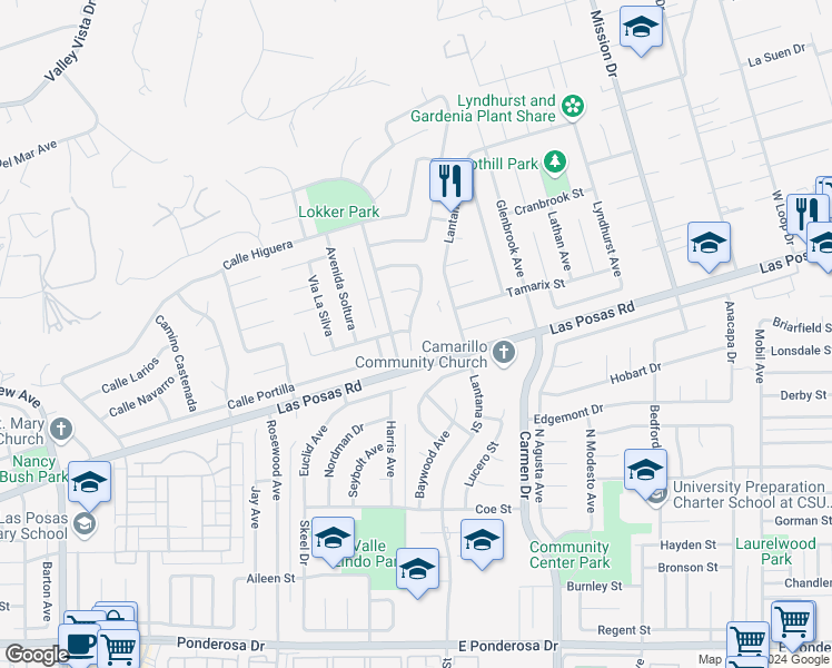 map of restaurants, bars, coffee shops, grocery stores, and more near 1590 Paseo Barona in Camarillo