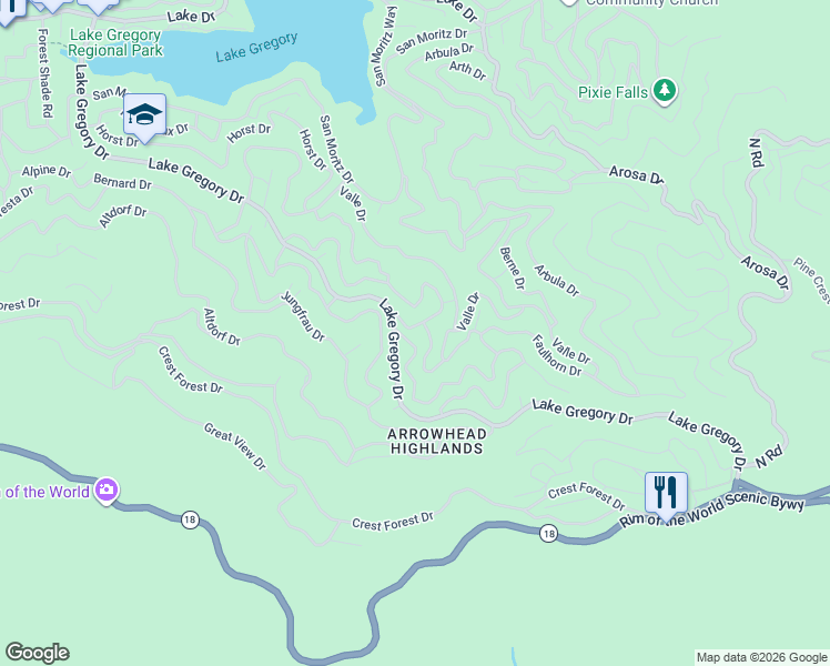 map of restaurants, bars, coffee shops, grocery stores, and more near Nesthorn Drive in Crestline