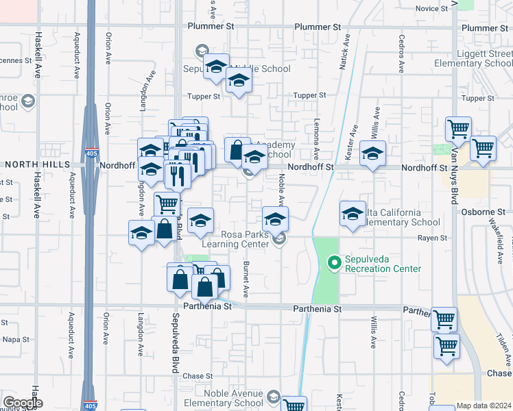 map of restaurants, bars, coffee shops, grocery stores, and more near 8958 Burnet Avenue in Los Angeles