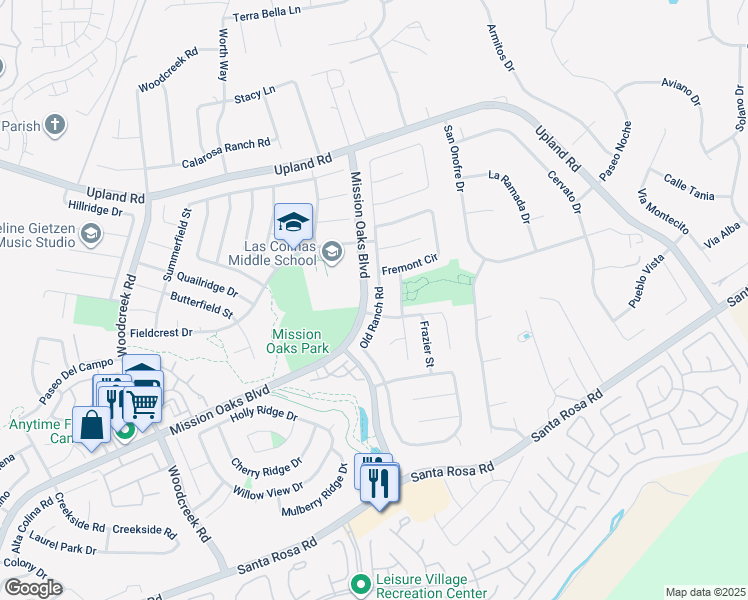 map of restaurants, bars, coffee shops, grocery stores, and more near 1623 Old Ranch Road in Camarillo