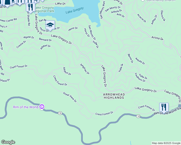 map of restaurants, bars, coffee shops, grocery stores, and more near 1108 Jungfrau Drive in Crestline