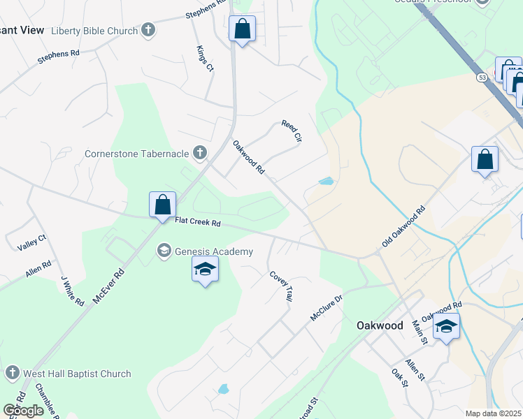 map of restaurants, bars, coffee shops, grocery stores, and more near 4022 Flat Creek Road in Oakwood