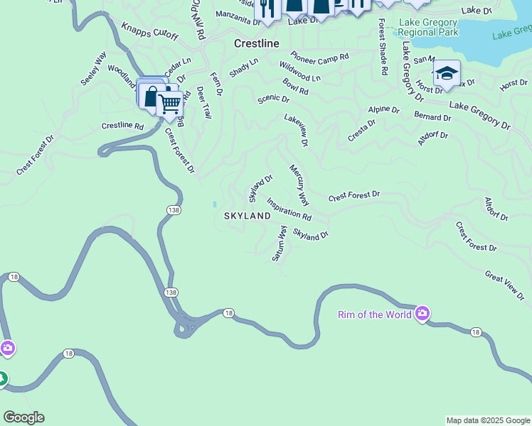 map of restaurants, bars, coffee shops, grocery stores, and more near 23791 Skyland Drive in Crestline