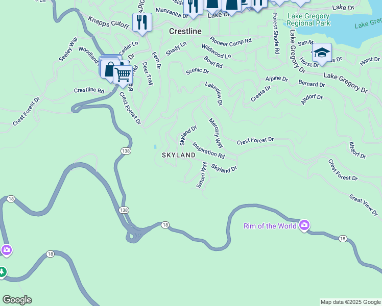 map of restaurants, bars, coffee shops, grocery stores, and more near 23791 Skyland Drive in Crestline