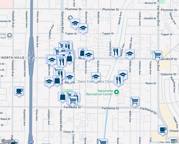 map of restaurants, bars, coffee shops, grocery stores, and more near 8926 Burnet Avenue in Los Angeles