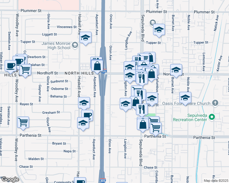 map of restaurants, bars, coffee shops, grocery stores, and more near 8926 Orion Avenue in Los Angeles