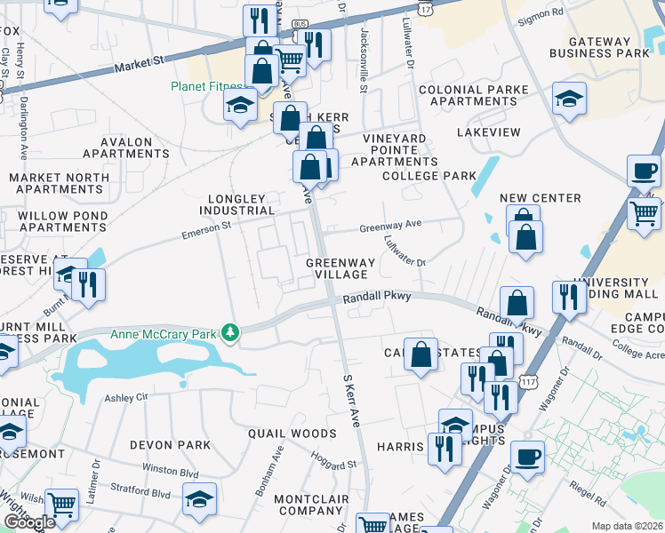 map of restaurants, bars, coffee shops, grocery stores, and more near 343 South Kerr Avenue in Wilmington