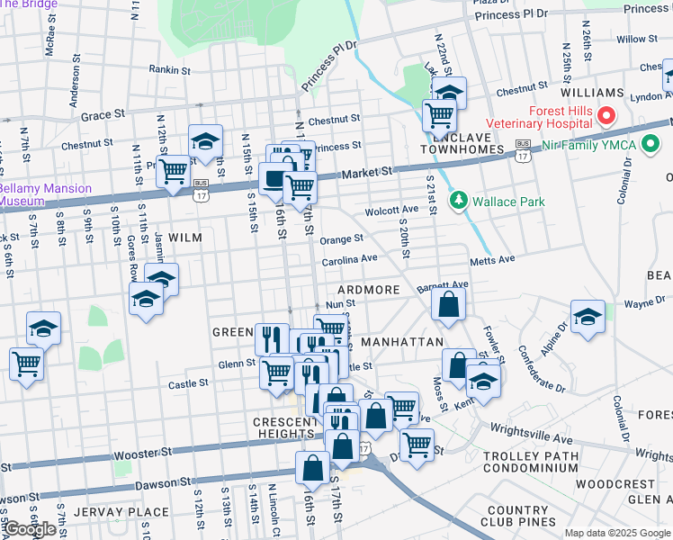 map of restaurants, bars, coffee shops, grocery stores, and more near 1705 Ann Street in Wilmington