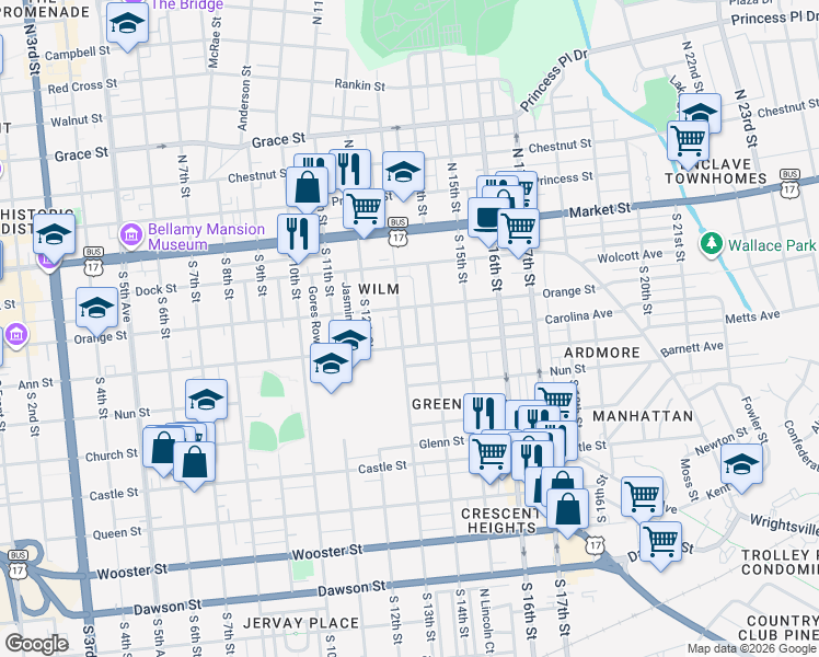map of restaurants, bars, coffee shops, grocery stores, and more near 220 South 13th Street in Wilmington