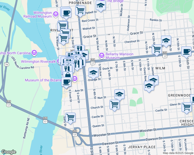map of restaurants, bars, coffee shops, grocery stores, and more near 318 Orange Street in Wilmington