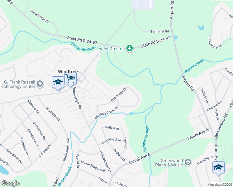 map of restaurants, bars, coffee shops, grocery stores, and more near 206 Oak Ridge Drive in Greenwood