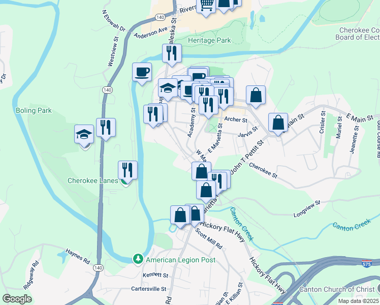 map of restaurants, bars, coffee shops, grocery stores, and more near 176 Railroad Street in Canton