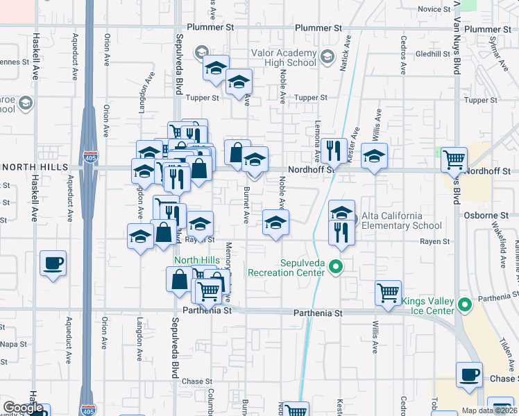 map of restaurants, bars, coffee shops, grocery stores, and more near 8958 Burnet Avenue in Los Angeles