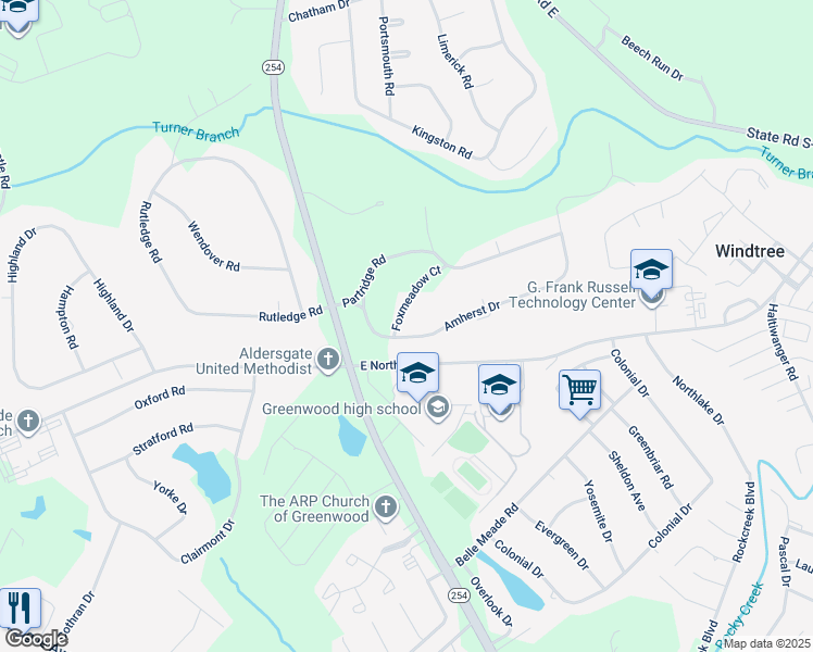 map of restaurants, bars, coffee shops, grocery stores, and more near 112 Amherst Drive in Greenwood