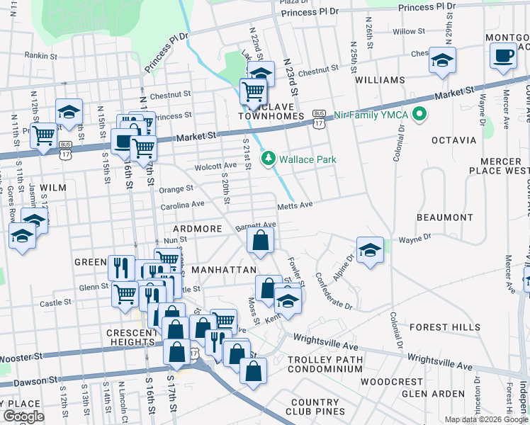 map of restaurants, bars, coffee shops, grocery stores, and more near 2111 Barnett Avenue in Wilmington