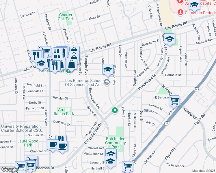 map of restaurants, bars, coffee shops, grocery stores, and more near 1555 Kendall Avenue in Camarillo