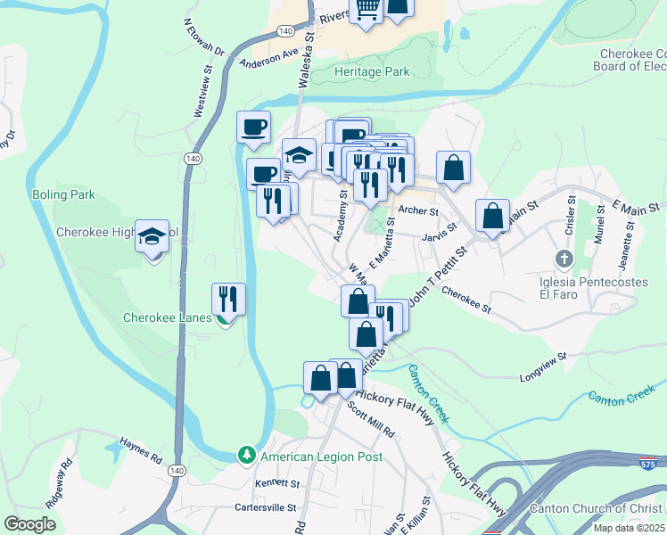 map of restaurants, bars, coffee shops, grocery stores, and more near 172 Railroad Street in Canton