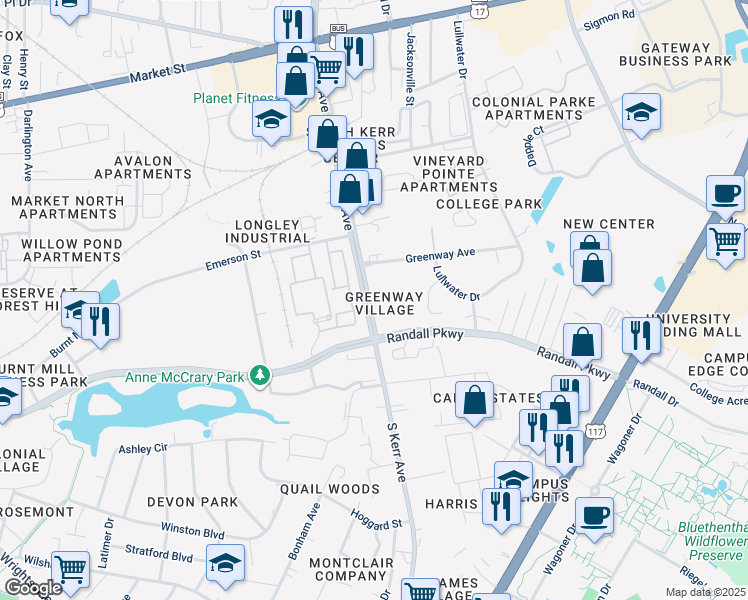 map of restaurants, bars, coffee shops, grocery stores, and more near 343 South Kerr Avenue in Wilmington