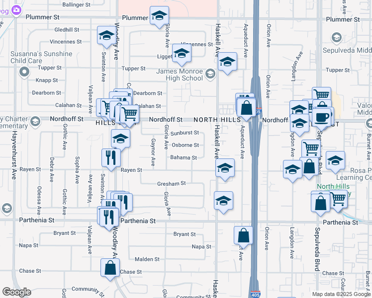 map of restaurants, bars, coffee shops, grocery stores, and more near 15914 Osborne Street in Los Angeles
