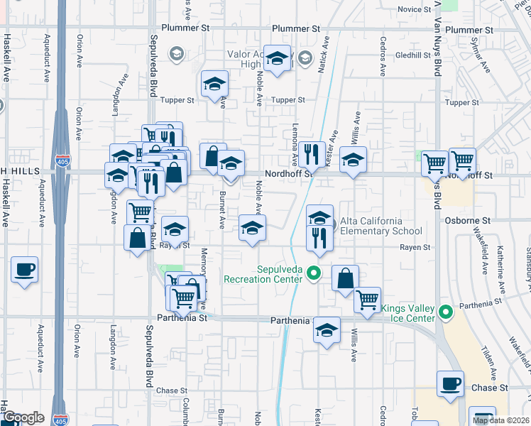 map of restaurants, bars, coffee shops, grocery stores, and more near 8946 Noble Avenue in Los Angeles