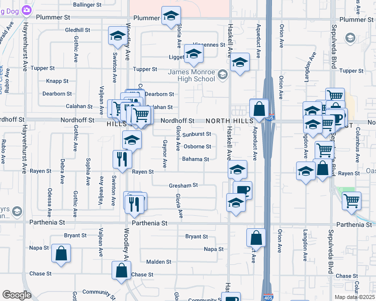 map of restaurants, bars, coffee shops, grocery stores, and more near 15936 Osborne Street in Los Angeles