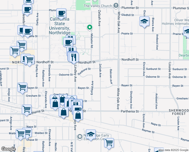 map of restaurants, bars, coffee shops, grocery stores, and more near 8954 Enfield Avenue in Los Angeles