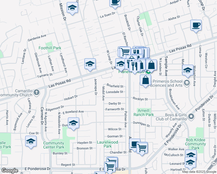 map of restaurants, bars, coffee shops, grocery stores, and more near 2140 Briarfield Street in Camarillo