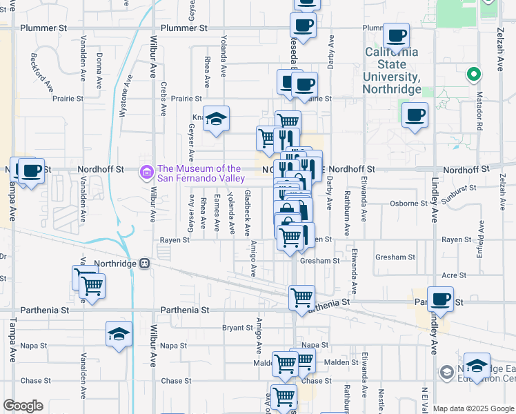 map of restaurants, bars, coffee shops, grocery stores, and more near 8957 Amigo Avenue in Los Angeles