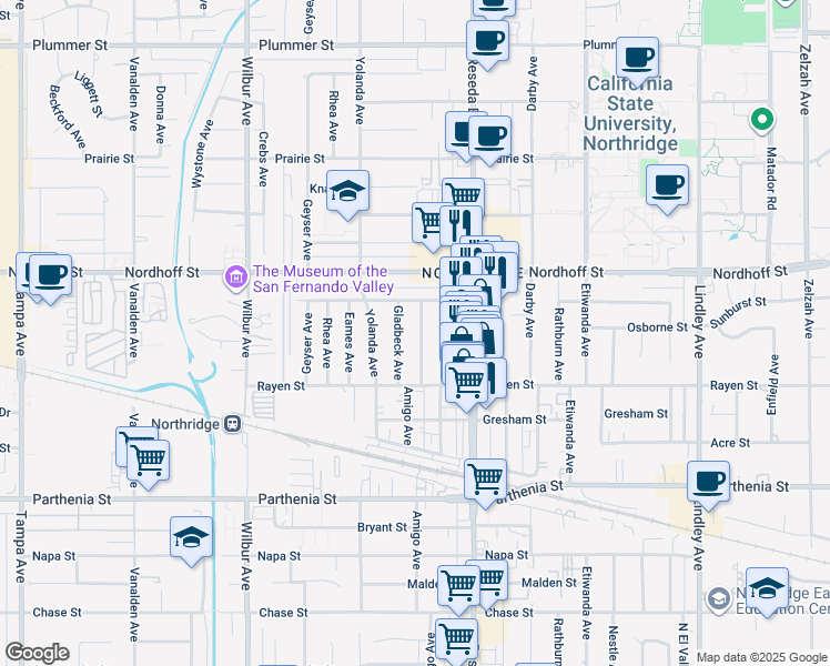 map of restaurants, bars, coffee shops, grocery stores, and more near 8957 Amigo Avenue in Los Angeles