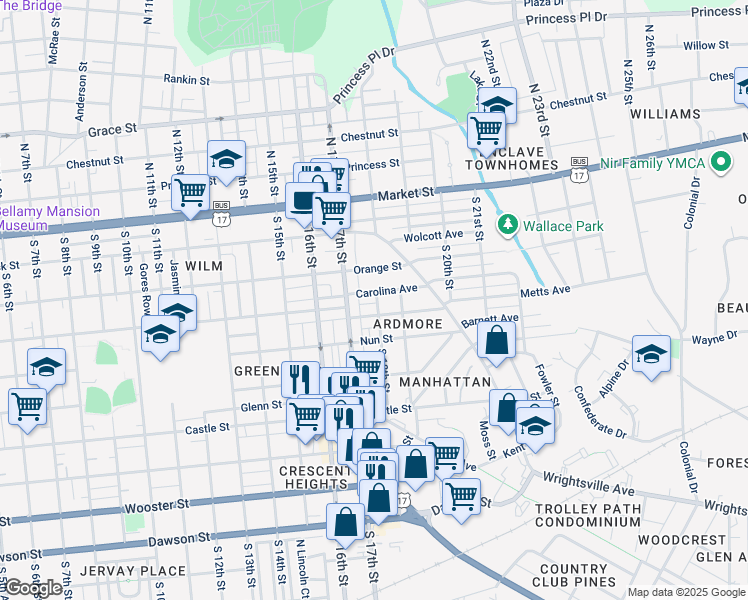 map of restaurants, bars, coffee shops, grocery stores, and more near 208 South 18th Street in Wilmington
