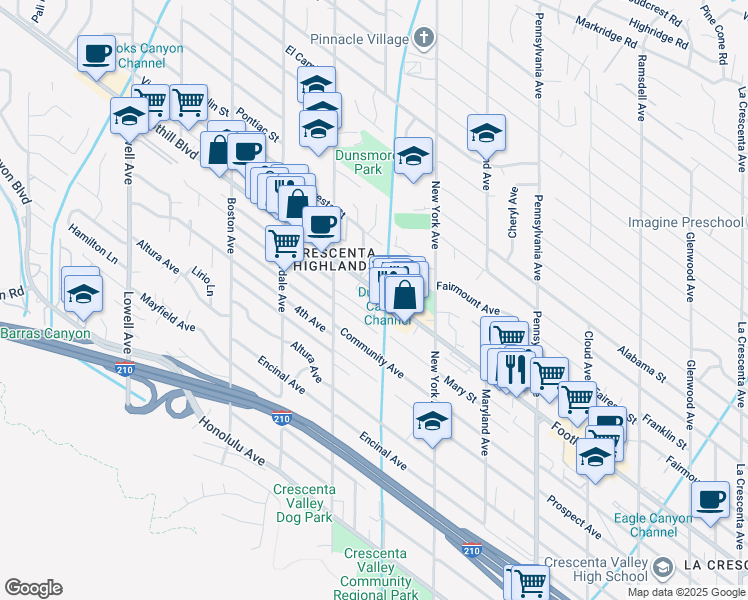 map of restaurants, bars, coffee shops, grocery stores, and more near 3517 Fairchild Street in Glendale