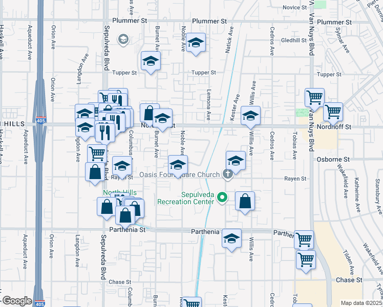 map of restaurants, bars, coffee shops, grocery stores, and more near 8946 Noble Avenue in Los Angeles
