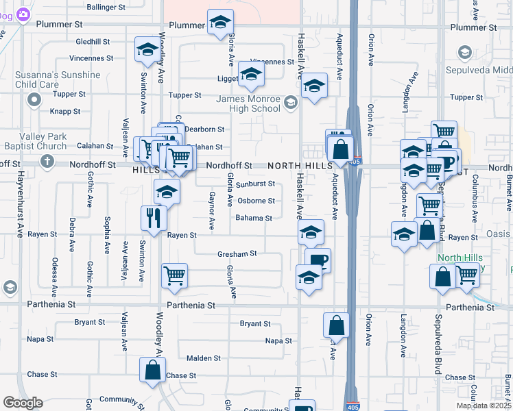 map of restaurants, bars, coffee shops, grocery stores, and more near 15914 Osborne Street in Los Angeles