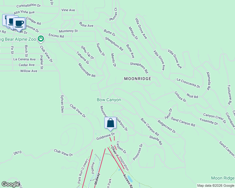 map of restaurants, bars, coffee shops, grocery stores, and more near 43240 Deer Canyon Road in Big Bear Lake