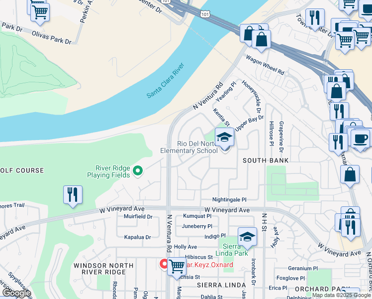 map of restaurants, bars, coffee shops, grocery stores, and more near 2407 Twin Oak Drive in Oxnard