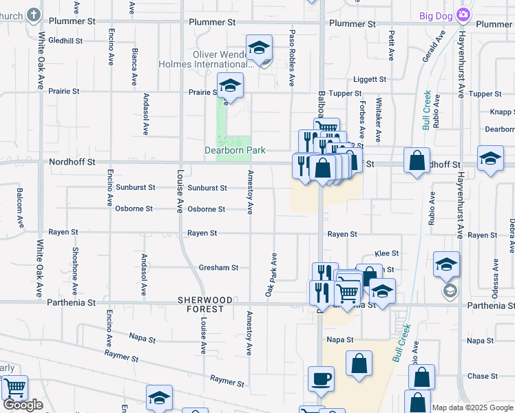 map of restaurants, bars, coffee shops, grocery stores, and more near 8944 Amestoy Avenue in Los Angeles
