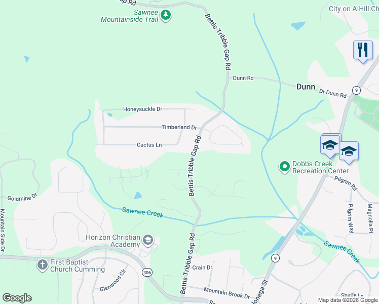 map of restaurants, bars, coffee shops, grocery stores, and more near 1645 Bettis Tribble Gap Road in Cumming