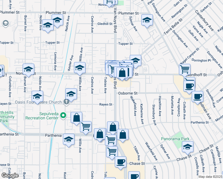 map of restaurants, bars, coffee shops, grocery stores, and more near 9010 Tobias Avenue in Los Angeles
