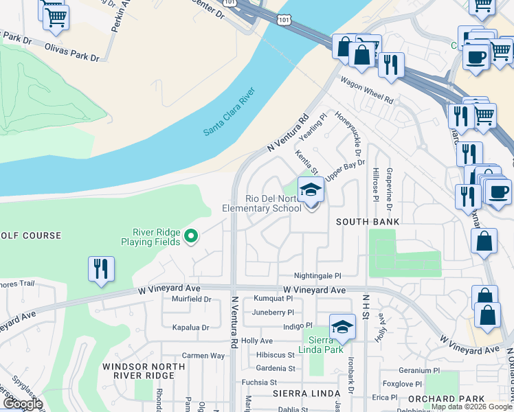 map of restaurants, bars, coffee shops, grocery stores, and more near 2407 Twin Oak Drive in Oxnard