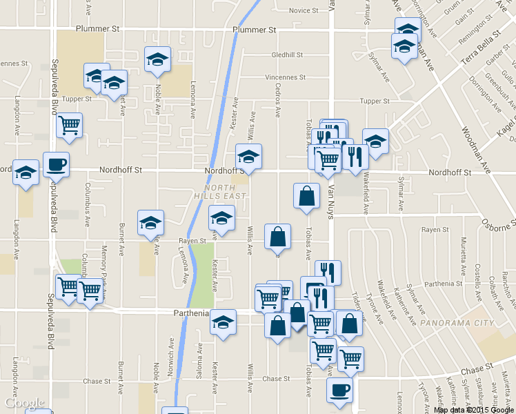 map of restaurants, bars, coffee shops, grocery stores, and more near 9024 Willis Avenue in Los Angeles