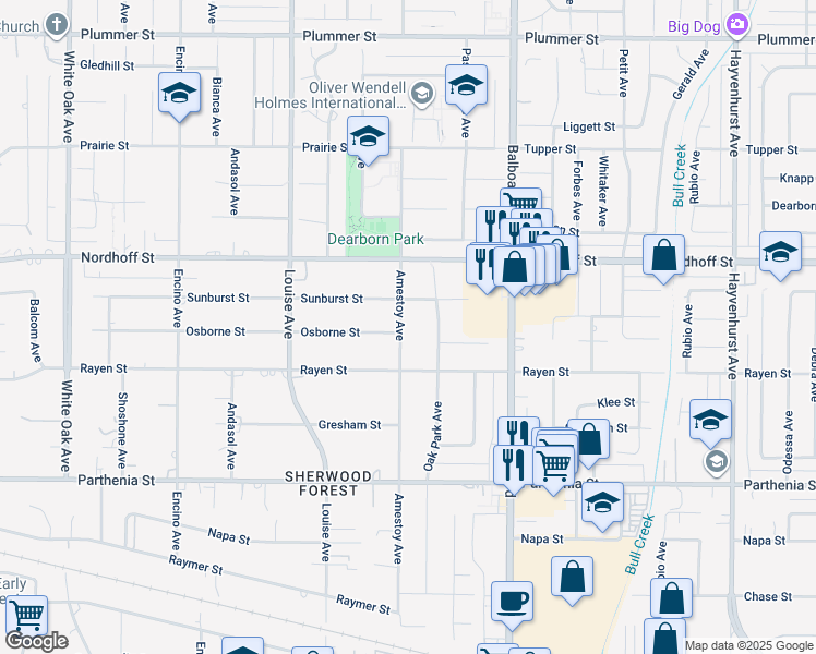 map of restaurants, bars, coffee shops, grocery stores, and more near 8944 Amestoy Avenue in Los Angeles