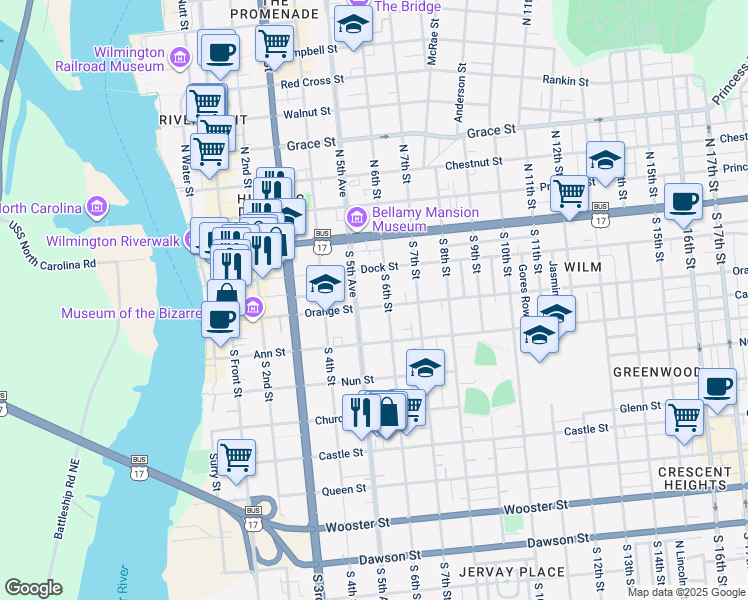 map of restaurants, bars, coffee shops, grocery stores, and more near 511 Orange Street in Wilmington
