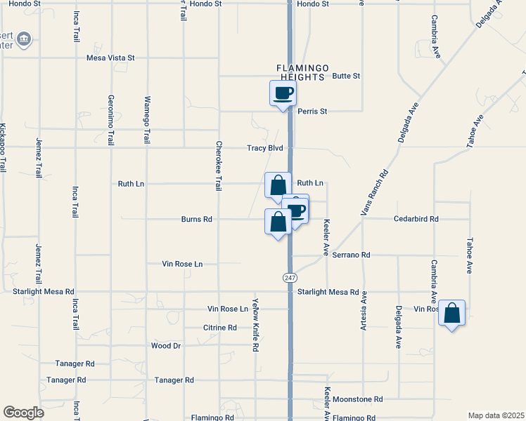 map of restaurants, bars, coffee shops, grocery stores, and more near 1121 Cherokee Trail in Yucca Valley