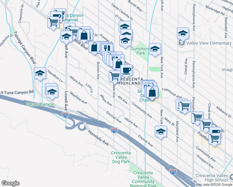 map of restaurants, bars, coffee shops, grocery stores, and more near 3704 5th Avenue in Glendale